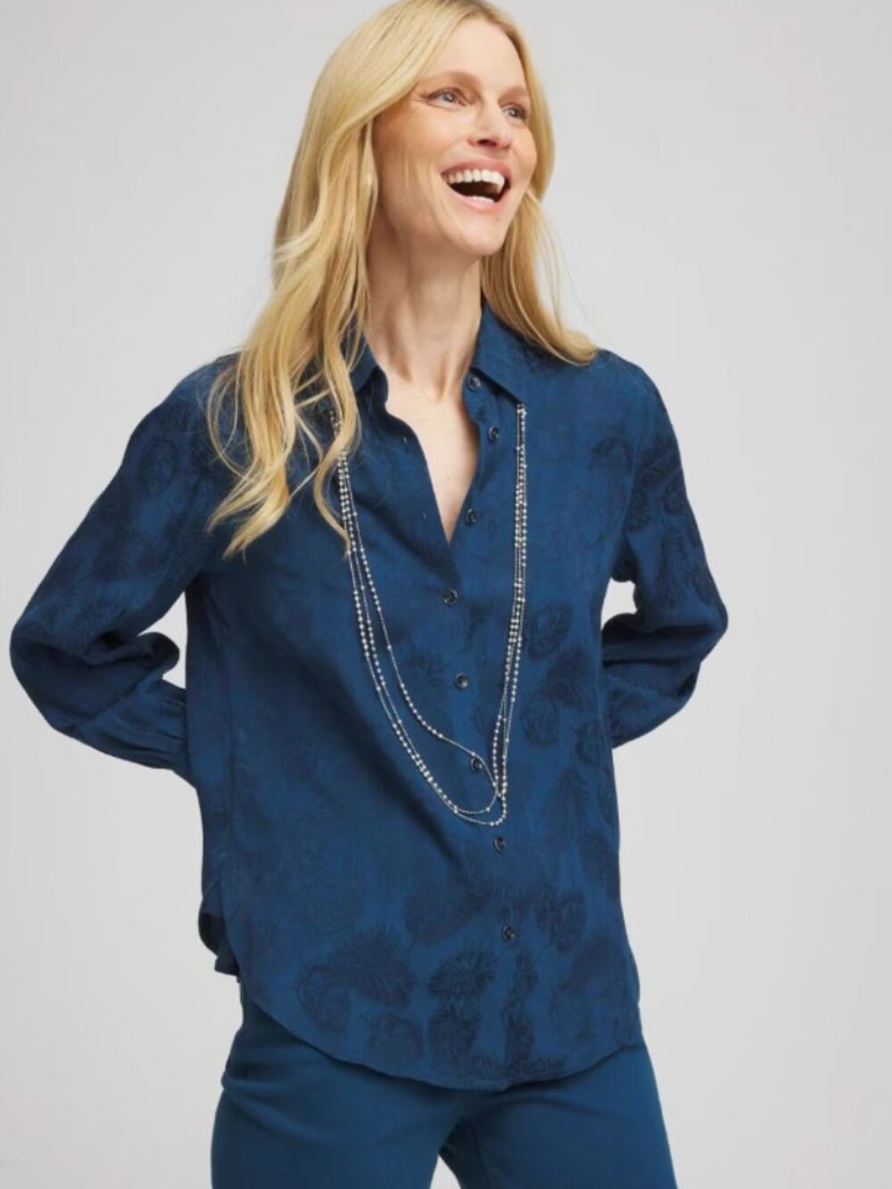 Chico's Teal Floral Print Button-Front Blouse Size 6 Women's